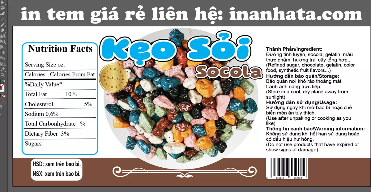 In Tem Nhãn Kẹo Sỏi Socola Giá Rẻ Mẫu 1 | In Decal 15 In Tem Nhãn Kẹo Sỏi Socola Giá Rẻ